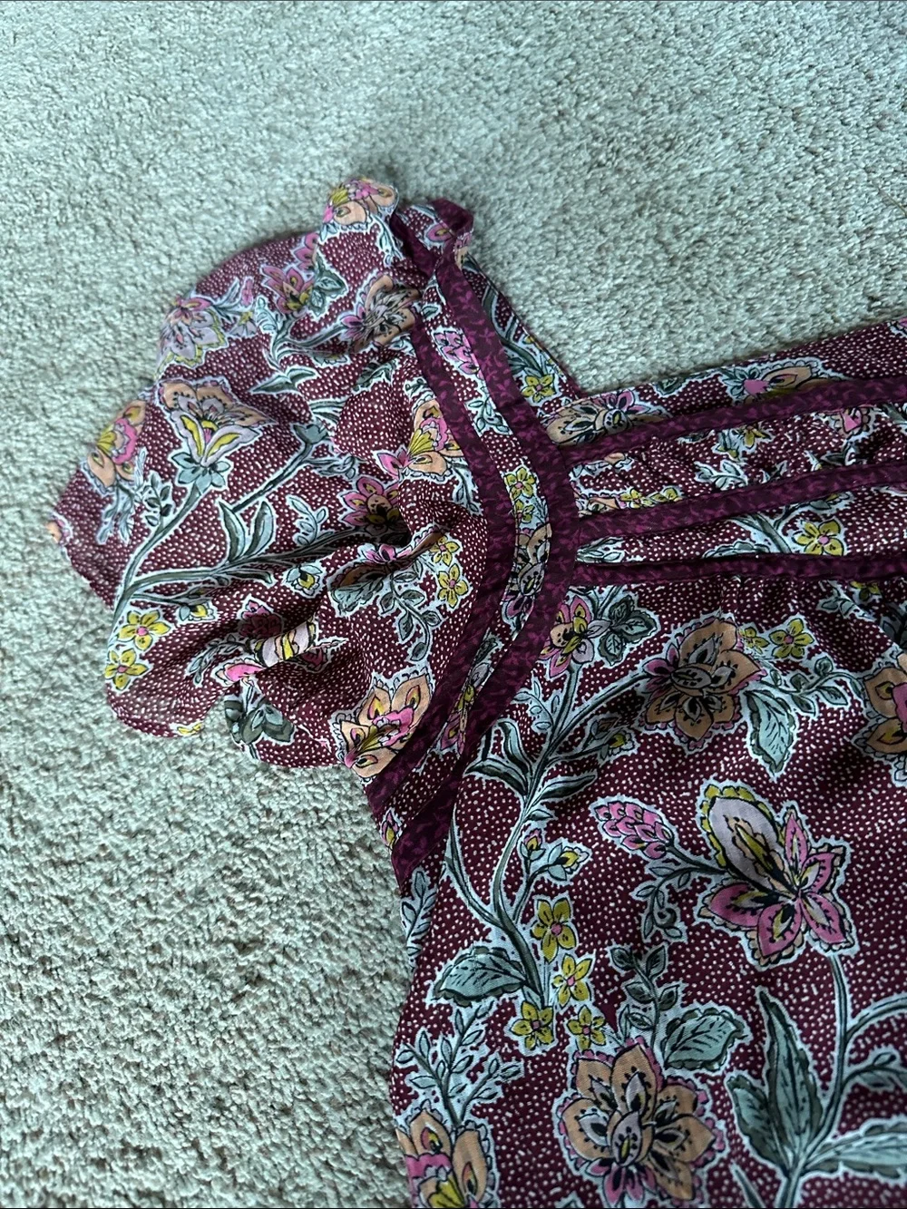 LOFT Burgundy Floral Square-Neck Puff Sleeve Blouse